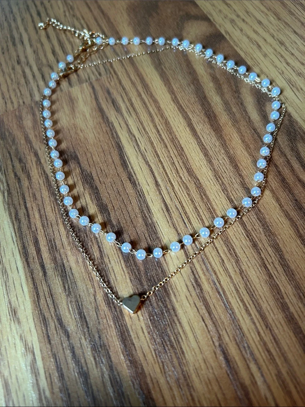 Gold Pearl Layered Necklace with Heart Pendant